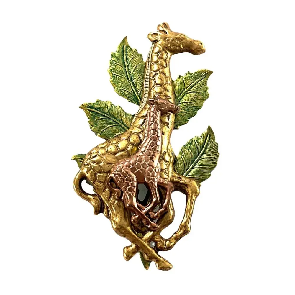 Vintage Giraffe Brooch Pin Mother Baby Safari Gold Tone Green Enamel 3”